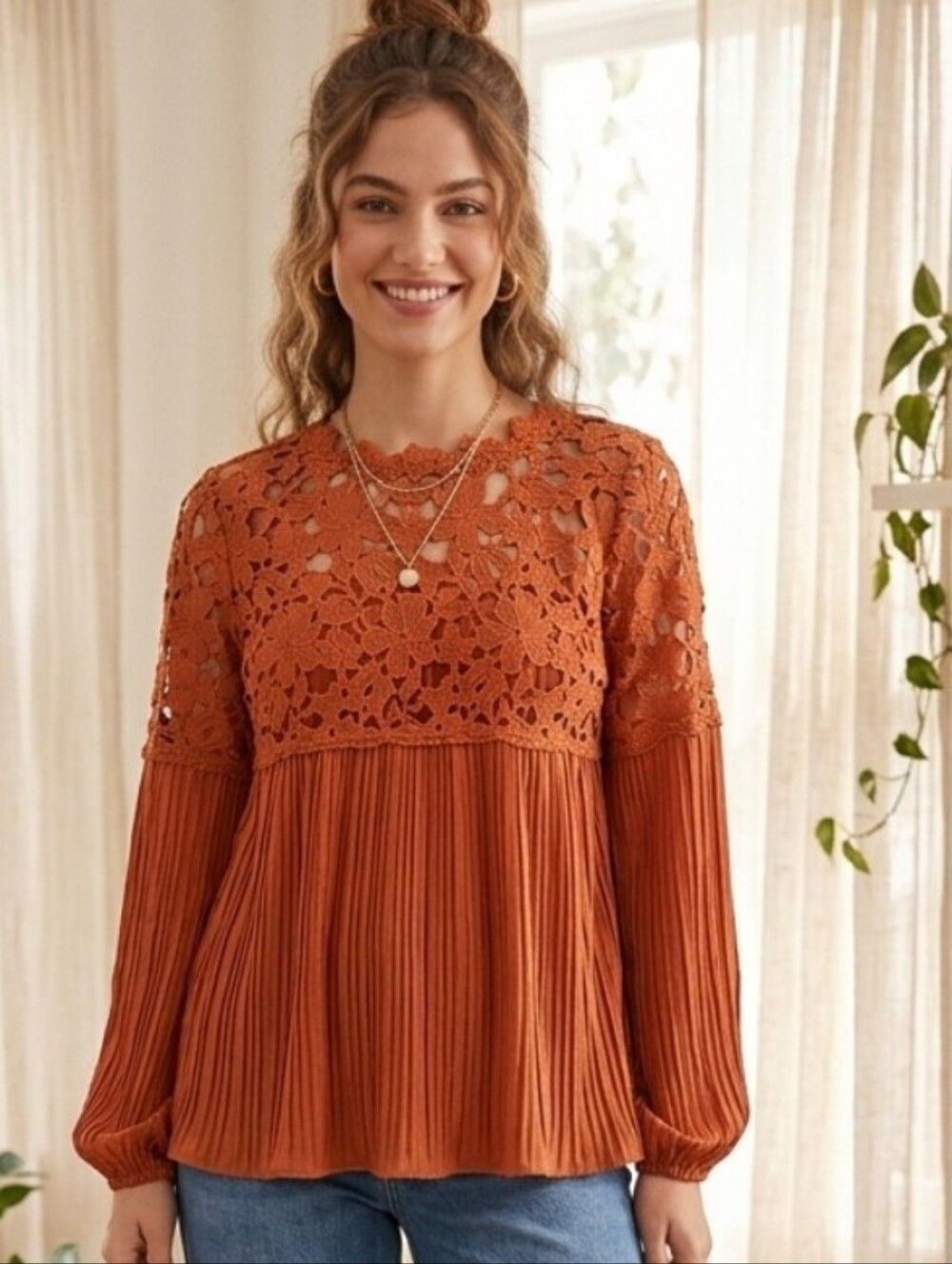 Express Burnt Orange Pleated Lace Top Size Petite Small V neck